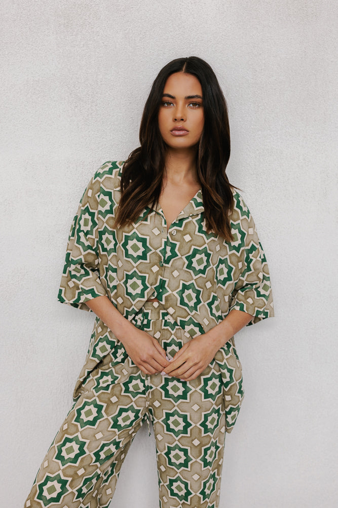 Rosalie Oversized Shirt - Khaki Tile Print