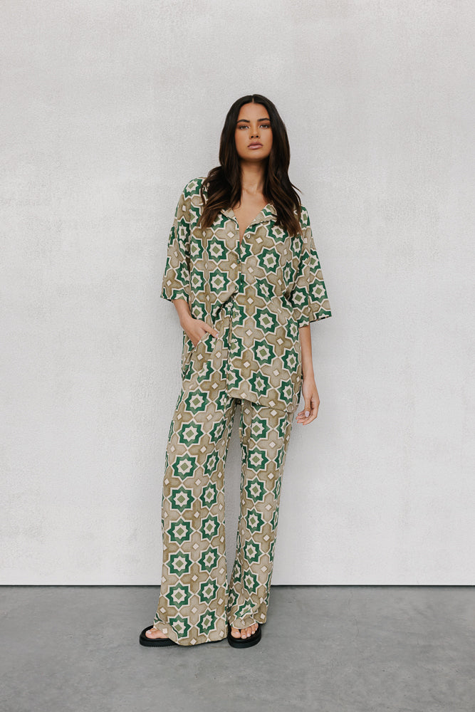 Rosalie Oversized Shirt - Khaki Tile Print
