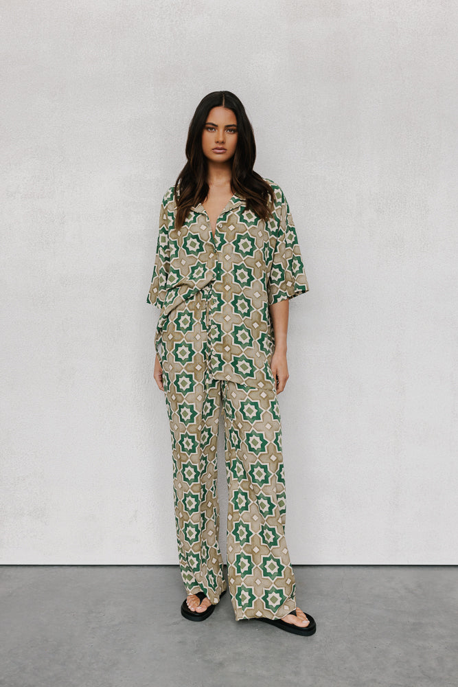 Rosalie Oversized Shirt - Khaki Tile Print