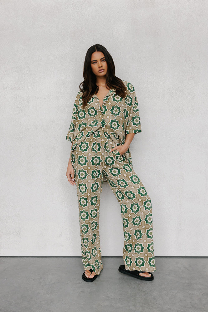 Rosalie Oversized Shirt - Khaki Tile Print