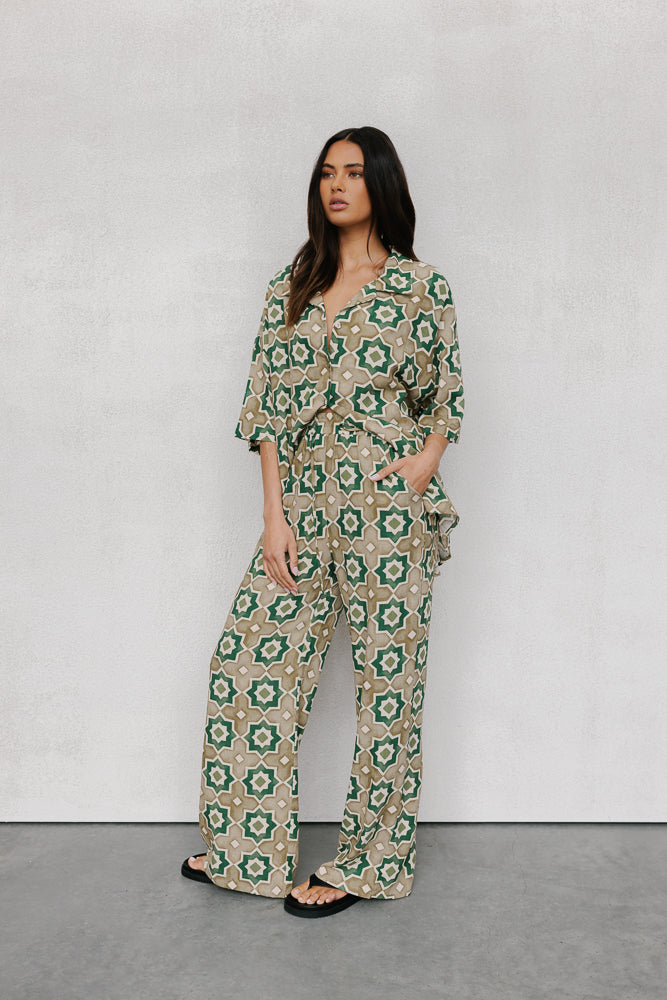 Rosalie Oversized Shirt - Khaki Tile Print