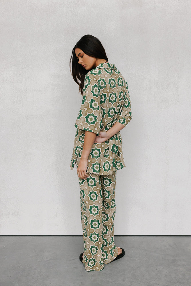 Rosalie Oversized Shirt - Khaki Tile Print