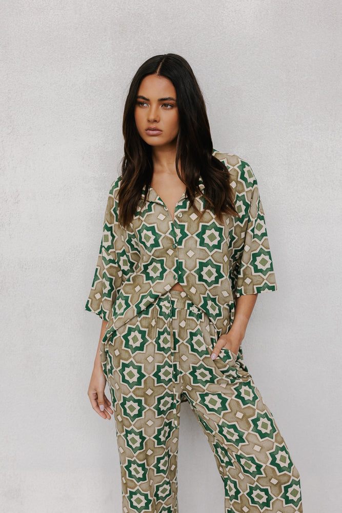 Rosalie Oversized Shirt - Khaki Tile Print