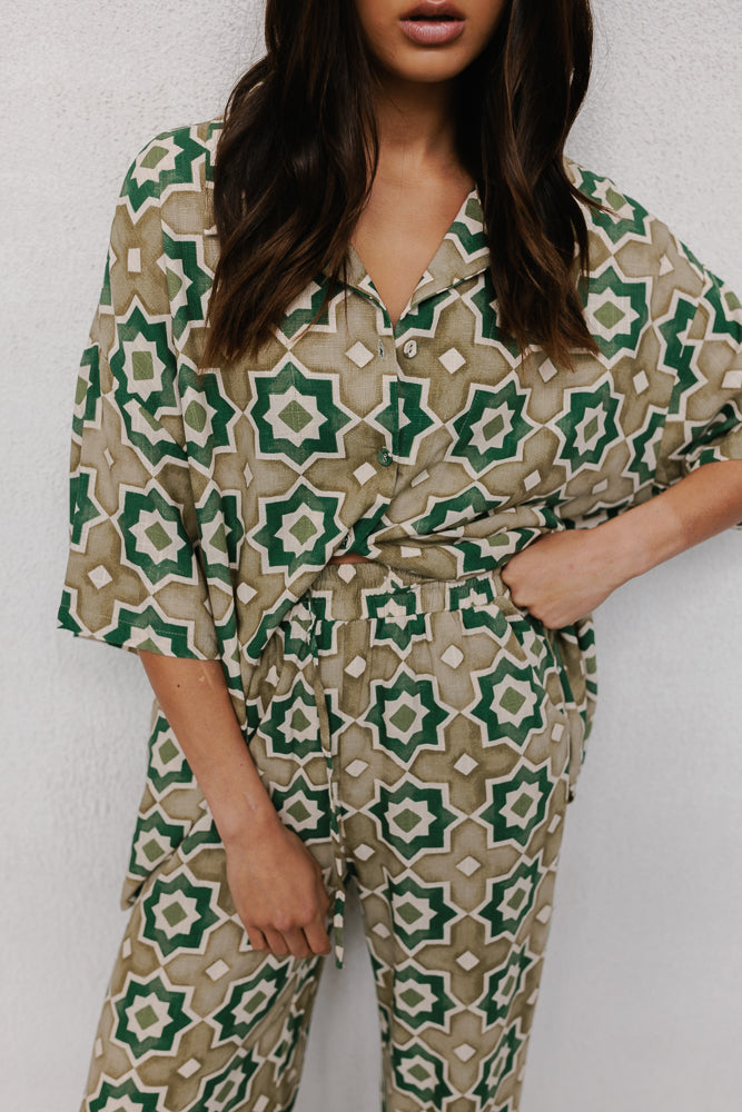 Rosalie Oversized Shirt - Khaki Tile Print