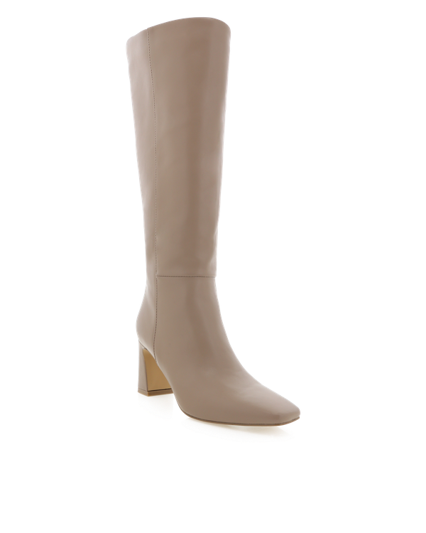 A pair of knee-high boots in a truffle brown tone with a block heel and square toe.