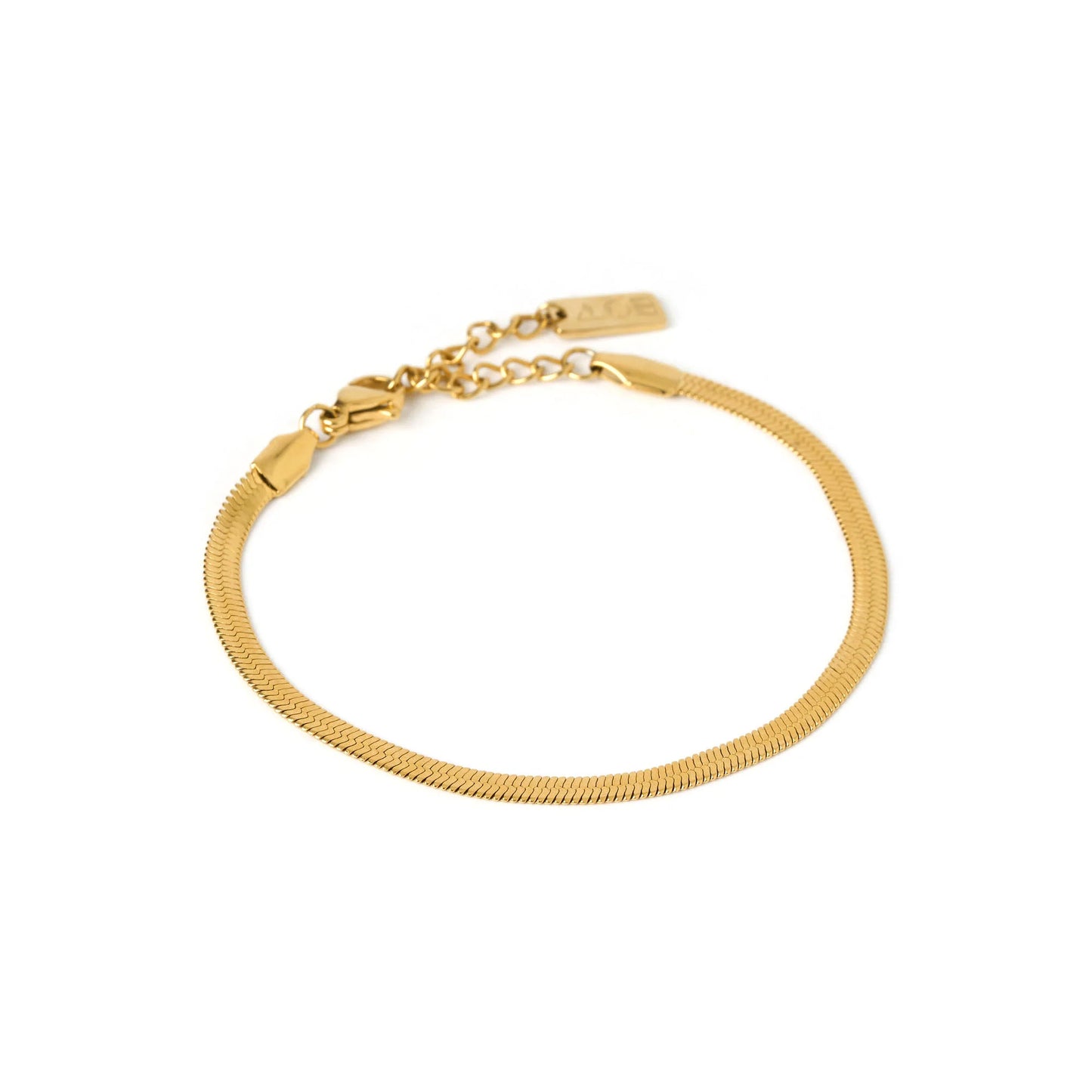 A gold-colored snake chain bracelet with a gold-plated stainless steel base.