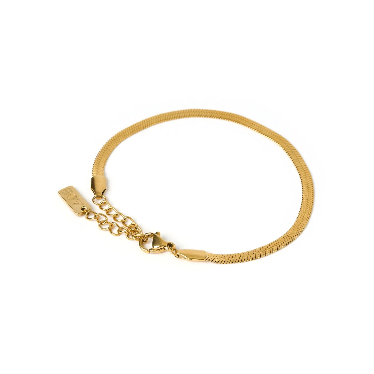 A gold-colored snake chain bracelet with a gold-plated stainless steel base.
