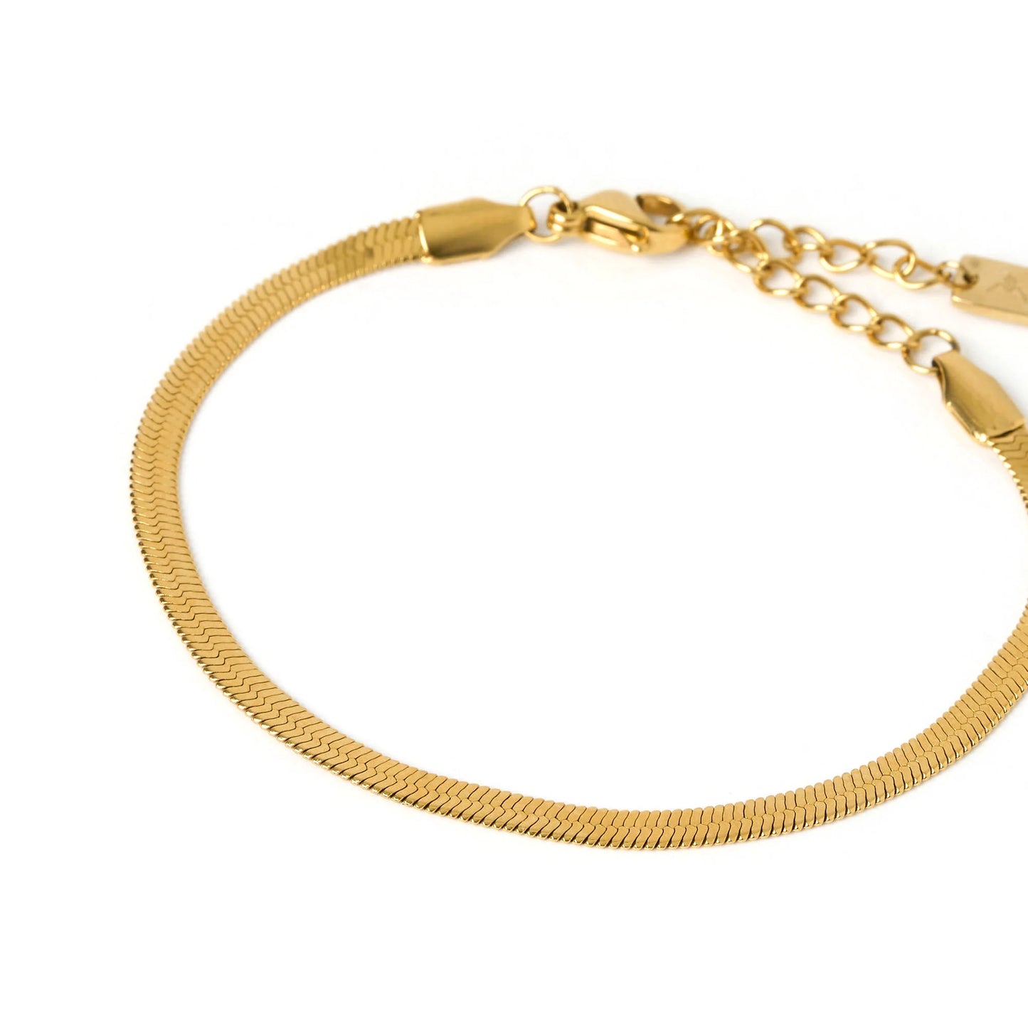 A gold-colored snake chain bracelet with a gold-plated stainless steel base.