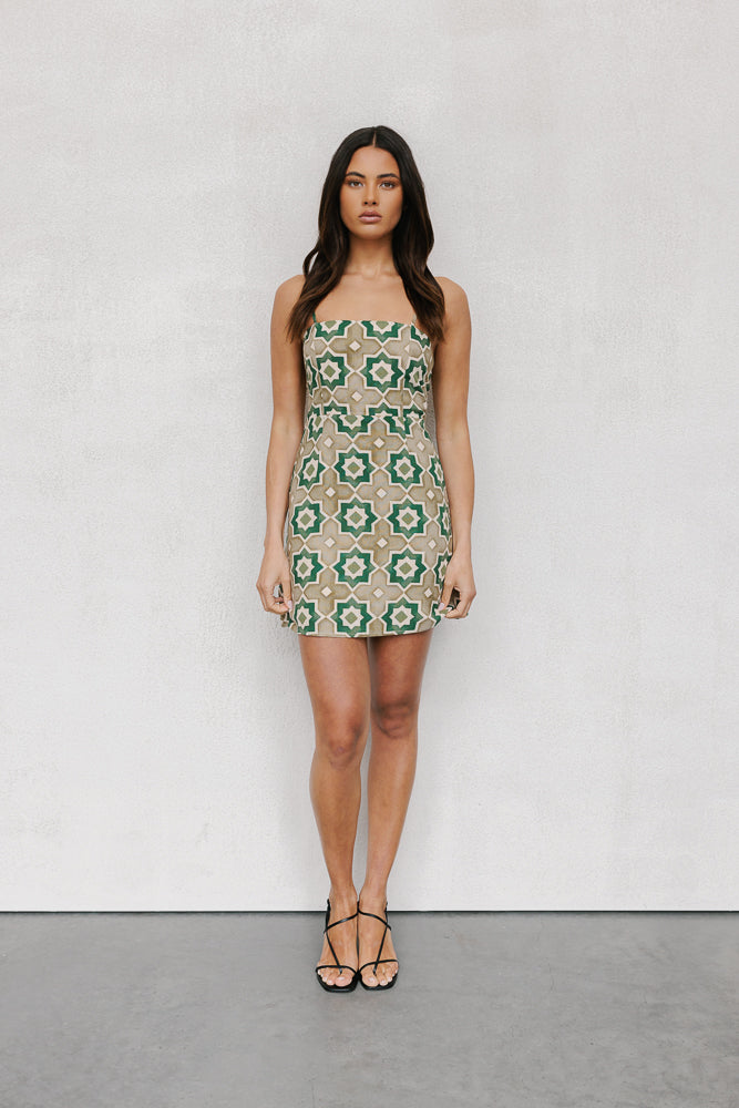 Isola Mini Dress - Khaki Tile Print