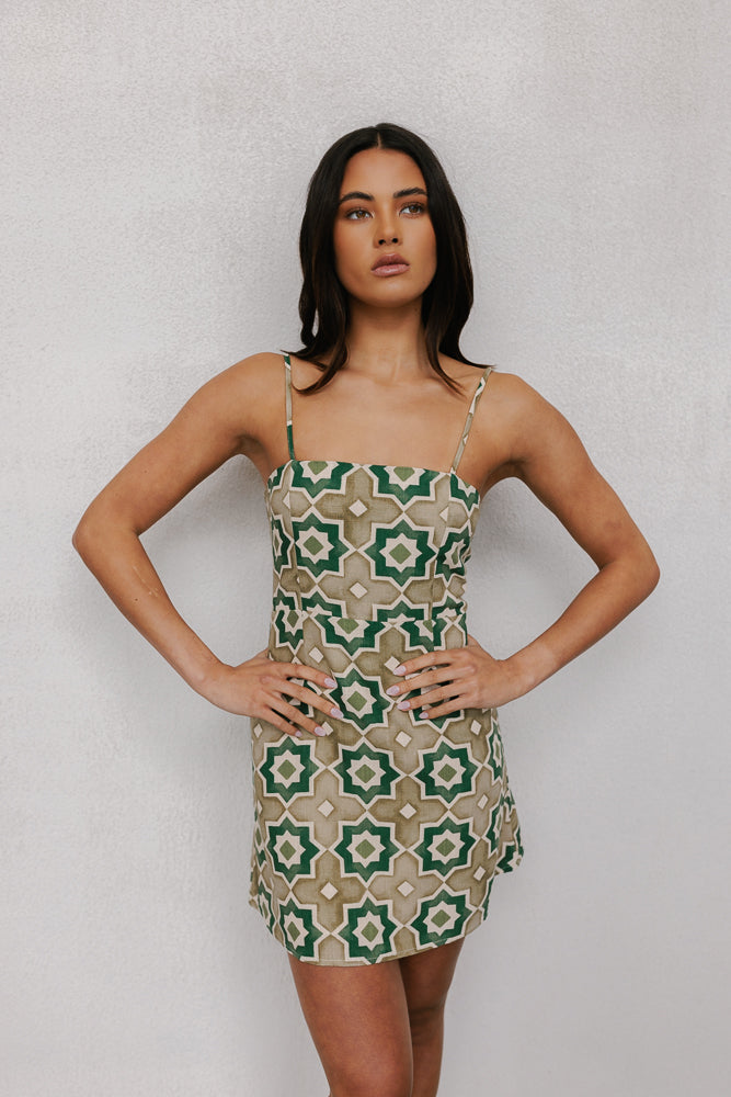 Isola Mini Dress - Khaki Tile Print