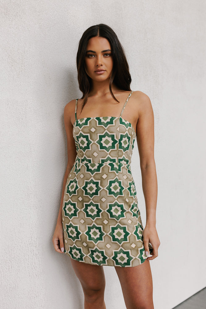 Isola Mini Dress - Khaki Tile Print