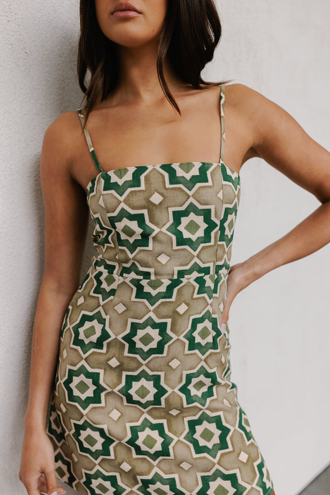 Isola Mini Dress - Khaki Tile Print