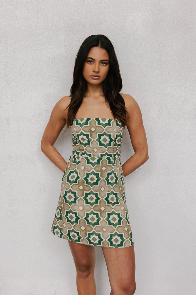 Isola Mini Dress - Khaki Tile Print