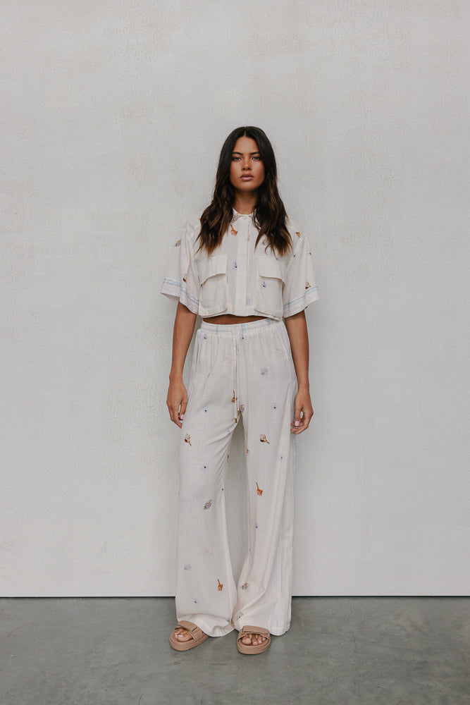 Esimio Cropped Shirt - Seashell Print/Watercolour Stripe