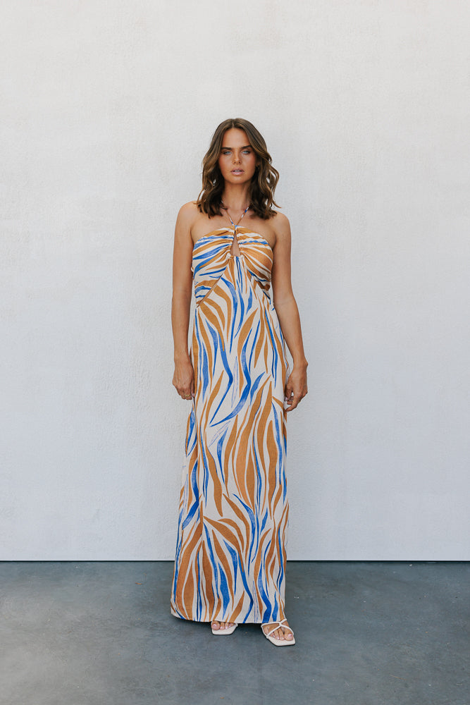 Variah Maxi Dress - Sand/Blue Print