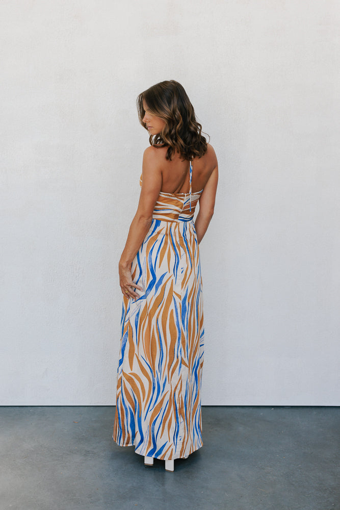 Variah Maxi Dress - Sand/Blue Print