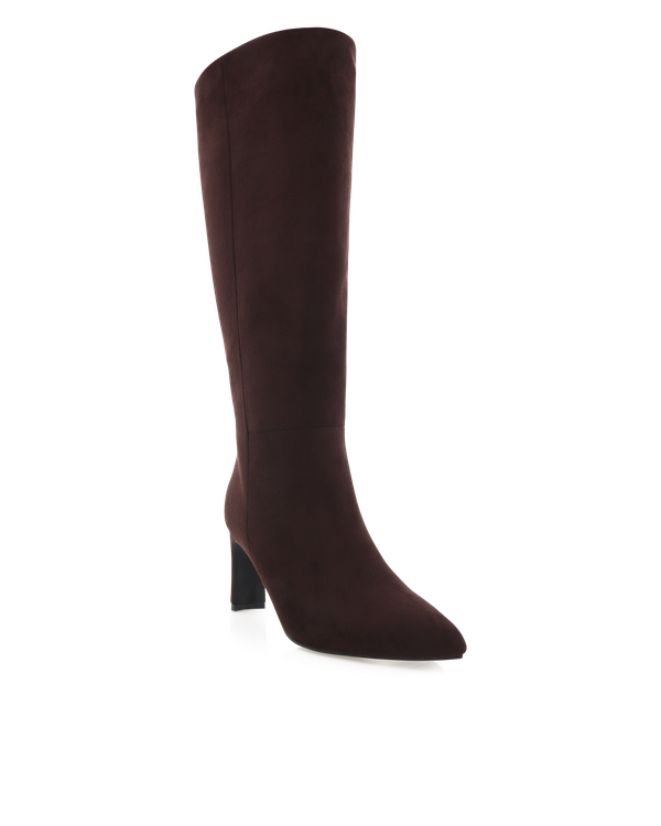 Chocolate brown suede knee-high boots with a pointed toe and high heel.