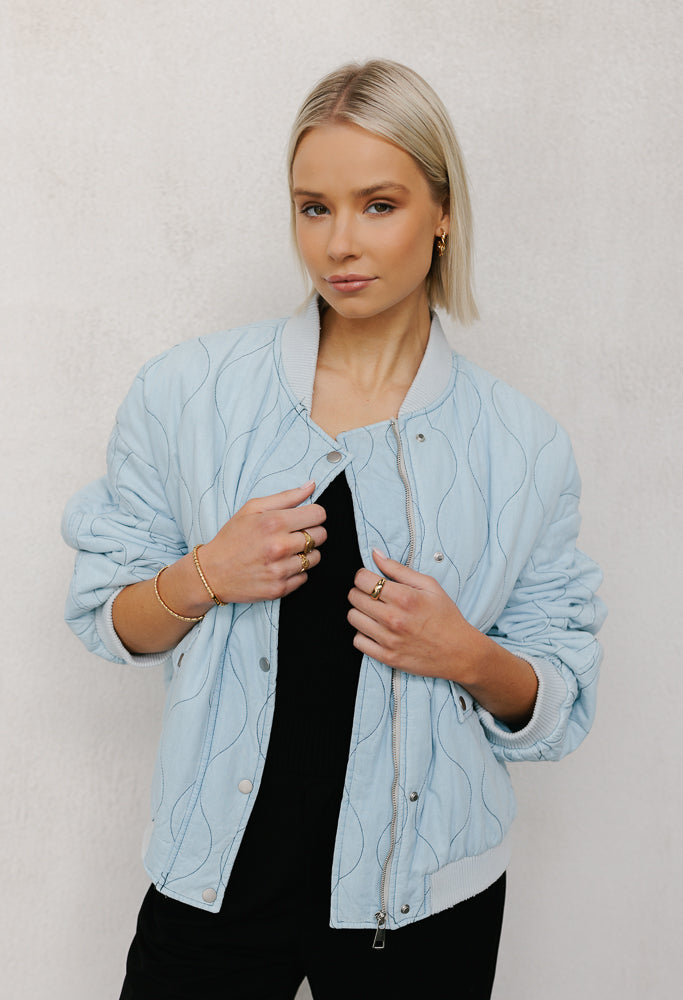 Qassie Quilted Bomber Jacket - Washed Light Denim