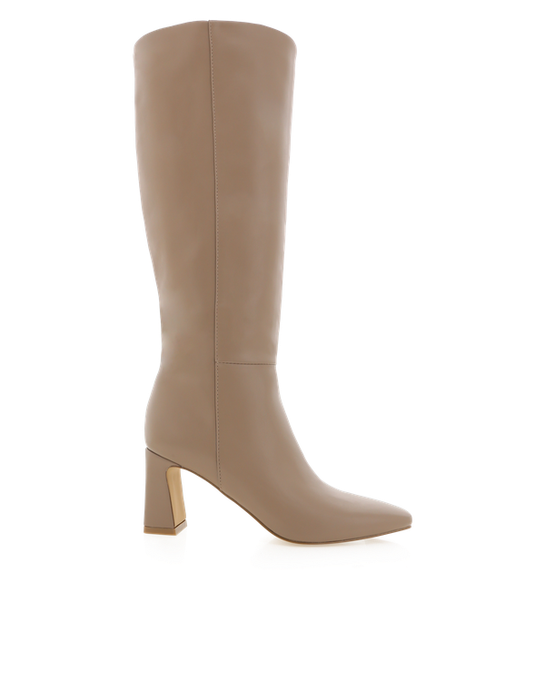 A pair of knee-high boots in a truffle brown tone with a block heel and square toe.