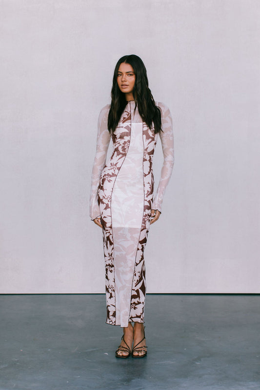 Rochelle Dress - Beige/Chocolate Brown Floral Mesh