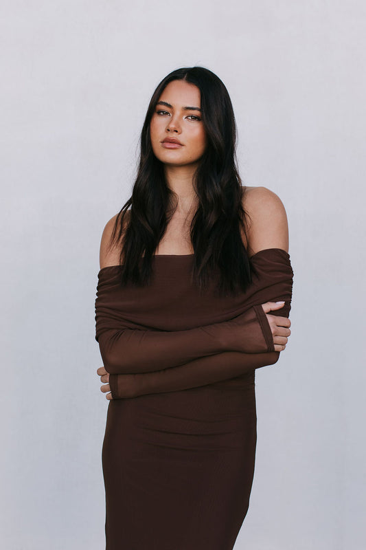 Woman wearing a brown off-shoulder dress with sheer sleeves against a plain background