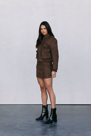 Gracelyn Bomber Jacket - Chocolate Brown Suede Look