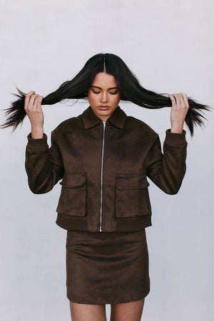 Gracelyn Bomber Jacket - Chocolate Brown Suede Look