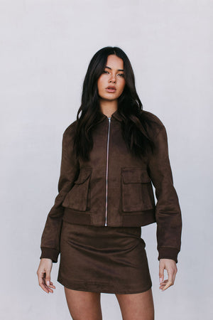 Gracelyn Bomber Jacket - Chocolate Brown Suede Look