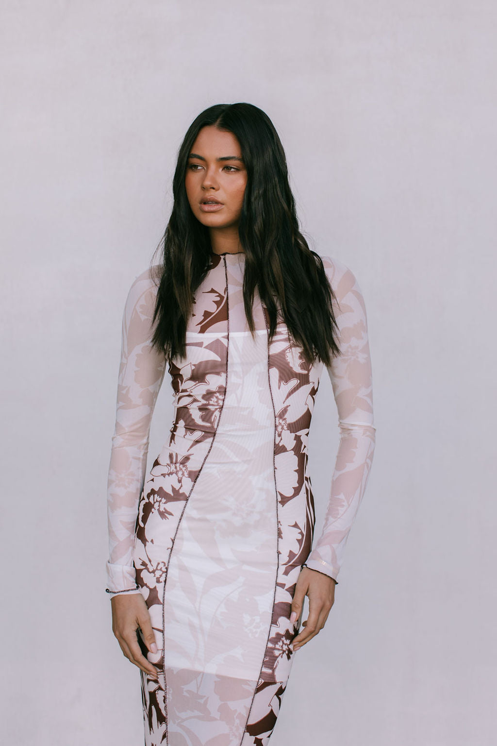 Rochelle Dress - Beige/Chocolate Brown Floral Mesh