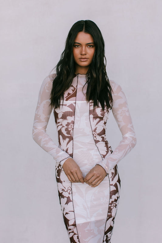 Rochelle Dress - Beige/Chocolate Brown Floral Mesh