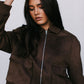 Gracelyn Bomber Jacket - Chocolate Brown Suede Look