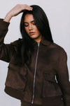 Gracelyn Bomber Jacket - Chocolate Brown Suede Look