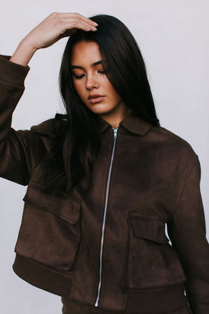 Gracelyn Bomber Jacket - Chocolate Brown Suede Look