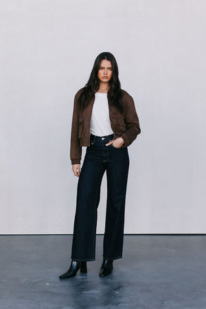 Gracelyn Bomber Jacket - Chocolate Brown Suede Look
