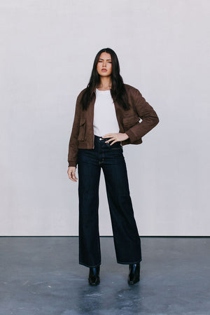 Gracelyn Bomber Jacket - Chocolate Brown Suede Look