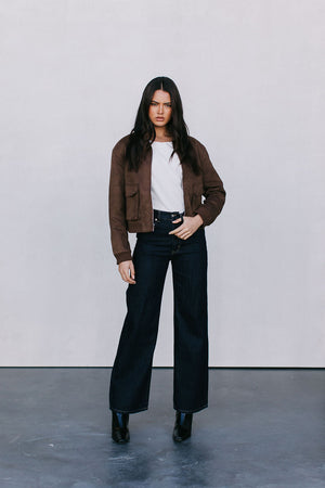 Gracelyn Bomber Jacket - Chocolate Brown Suede Look