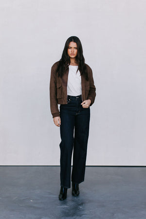 Gracelyn Bomber Jacket - Chocolate Brown Suede Look
