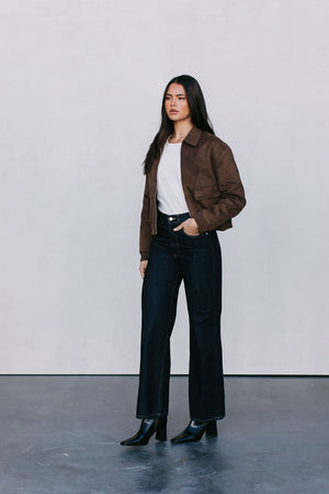 Gracelyn Bomber Jacket - Chocolate Brown Suede Look