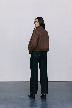 Gracelyn Bomber Jacket - Chocolate Brown Suede Look