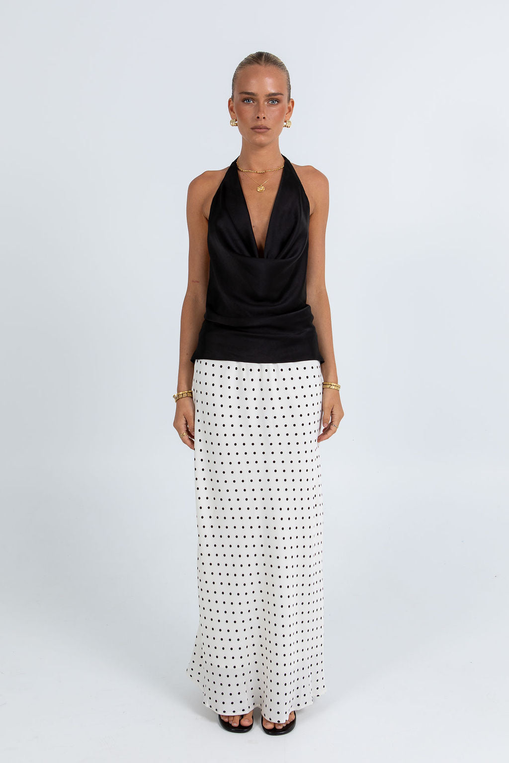 COMING SOON - Clara Maxi Skirt - White/ Black Polka Dot