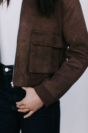 Gracelyn Bomber Jacket - Chocolate Brown Suede Look