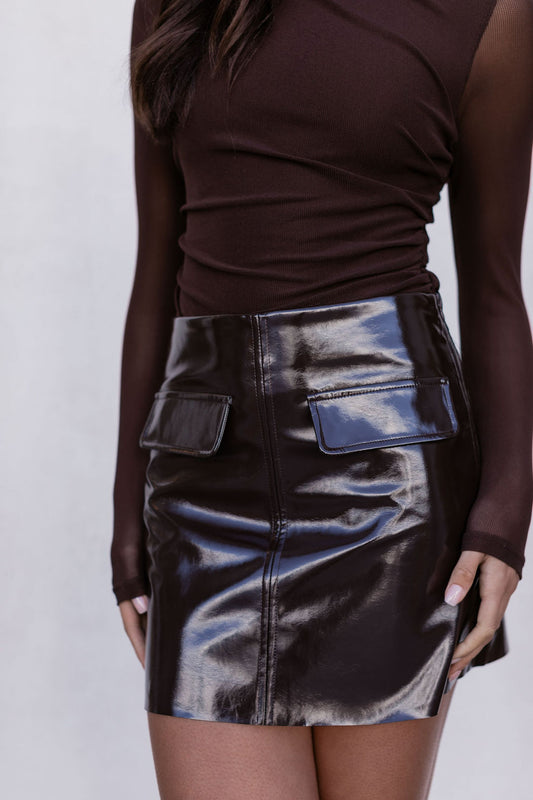 Issy Mini Skirt - Deep Brown Patent