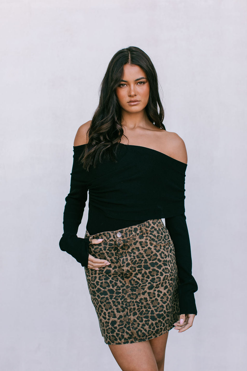 Taylah Mini Skirt - Dark Leopard Print Denim