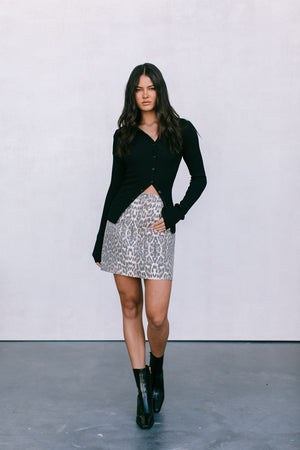 Drew Mini Skirt - Light Leopard Print Denim