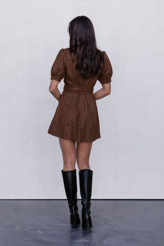 Farrah Mini Dress - Chocolate Brown Suede Look