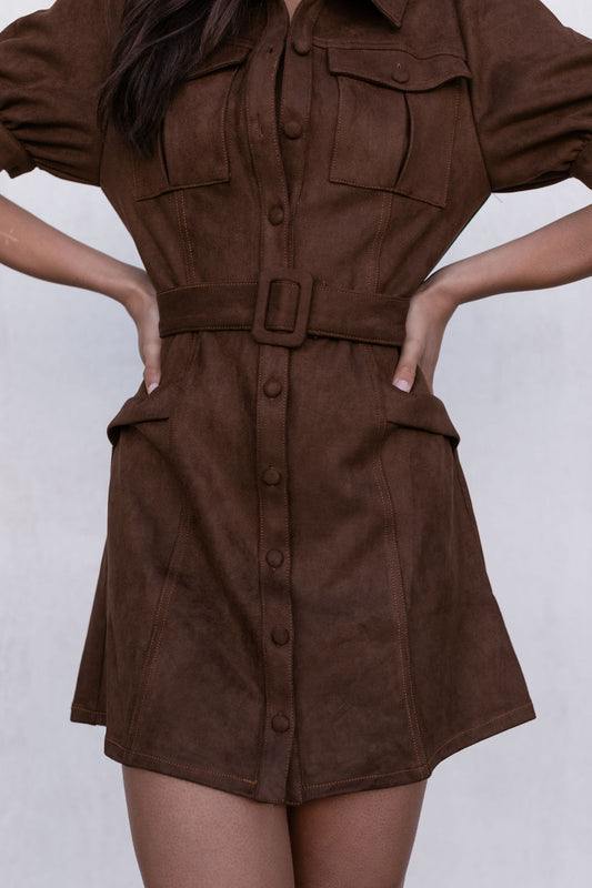 Farrah Mini Dress - Chocolate Brown Suede Look