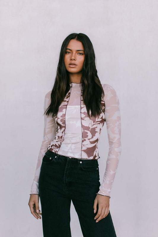 Quays Long-sleeve Top - Beige/Chocolate Brown Floral Mesh