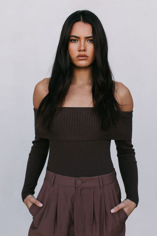 Kahlea Off-Shoulder Bodysuit - Chocolate Brown Knit