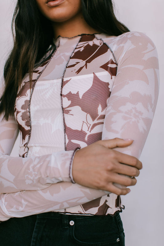 Quays Long-sleeve Top - Beige/Chocolate Brown Floral Mesh