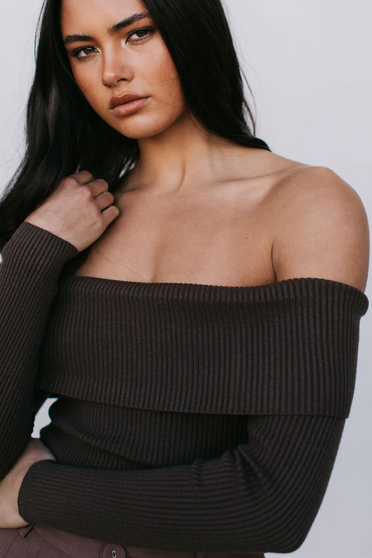 Kahlea Off-Shoulder Bodysuit - Chocolate Brown Knit